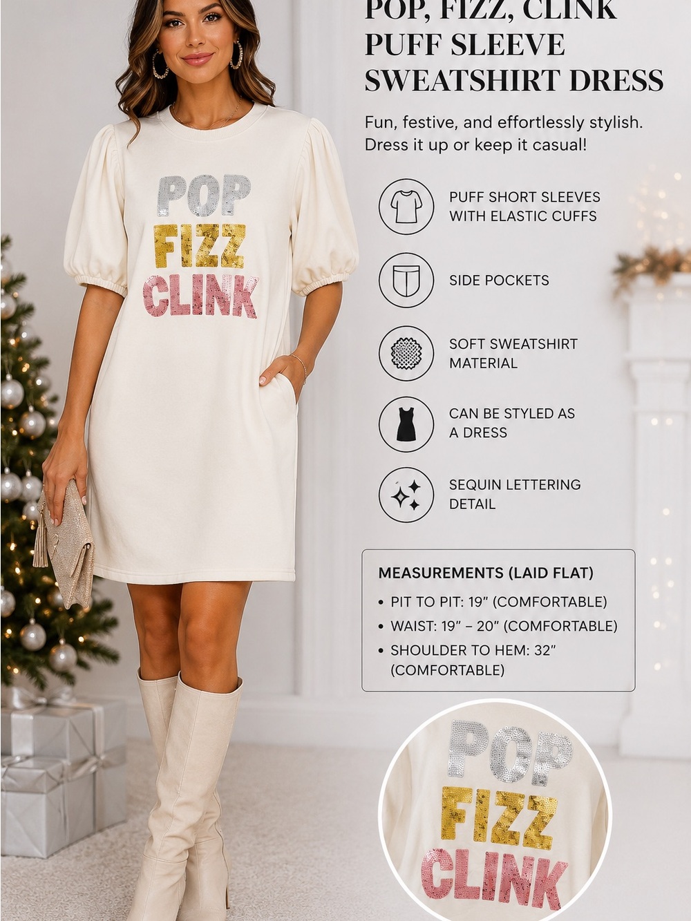 Main Strip Cream Sweatshirt Dress with Sequin POP FIZZ CLINK